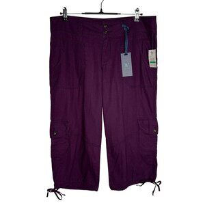 NWT Linen Cotton Blend Worn Jeans Purple Cargo Capri Pants Drawstrings Size 16